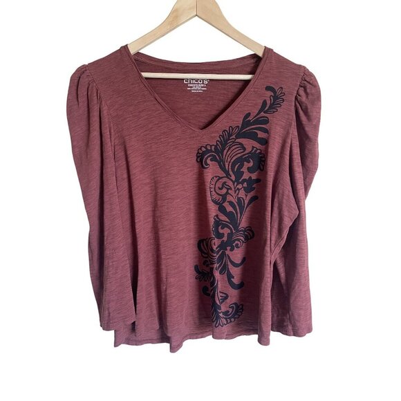 Chico's Scroll Print 3/4 Sleeve Romantic Maroon Red Tee Puff Sleeve Modal Cotton - Picture 1 of 6